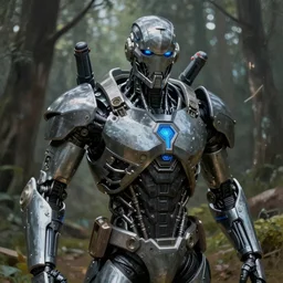 A hyper real comic book style portait painting of T-1000 in the woods, unreal 5, hyperrealistic, octane render, cosplay, RPG portrait, dynamic lighting