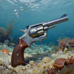 classic oil painting, a revolver pistol resting under the sea, surrounded by ocean life, floating bubbles, sand, concept art, highly detailed, smooth, sharp focus, art by brothers hildebrandt