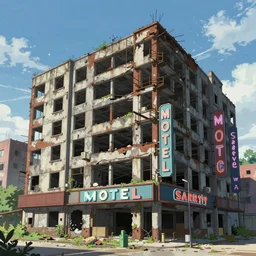 a beautiful very detailed anime illustration of building industrial architecture abandoned unfinished building nature motel urbex city architecture by eero saarinen, neon signs, archdaily, wallpaper, highly detailed, trending on artstation.