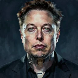 a nightmarish digital art painting of Elon Musk with artificial eyes, a metal jaw and a metal arm