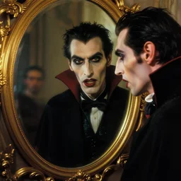 hyperrealistic portrait of a vampire watching a mirror. by jeremy mann and alphonse mucha, fantasy art, photo realistic, dynamic lighting, artstation, poster, volumetric lighting, very detailed faces, 4 k