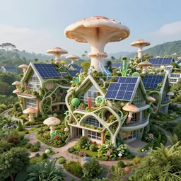 a photo of a house complex from the future, parametric architecture, lions mane mushroom, blending with nature, renewable energy sources, preserving ecosystems, gardens, trending on flickr, bacteria structures, 8 k, 4 k, ersnt haeckel, volumetric lightning, photorealistic