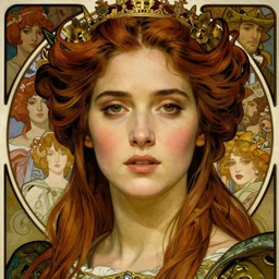 realistic detailed face portrait of Jennifer Connelly as a beautiful young medieval queen by Alphonse Mucha, Ayami Kojima, Amano, Charlie Bowater, Karol Bak, Greg Hildebrandt, Jean Delville, and Mark Brooks, Art Nouveau, Pre-Raphaelite, Neo-Gothic, gothic, rich deep moody colors