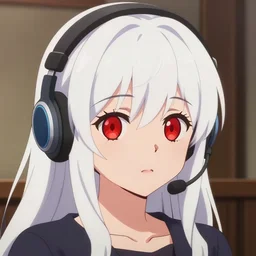 anime visual of a cute girl, with red eyes!!!! and long white hair!!!! wearing a headset in her room interior, high quality detailed anime face, cel shaded, digital art by yoshinari yoh, kyoani, last exile murata range, blue submarine no 6, hd, ambient light