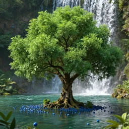 lush tree in the middle of a pond with blue fruits and a waterfall in the background, by james gurney, concept art, intricate, hyper detailed, volumetric lighting, sharp focus, octane render, trending on artstation, 8 k