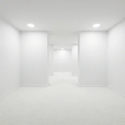 a series of interconnected empty white rooms with soft white lighting and a fluffy clean white carpet