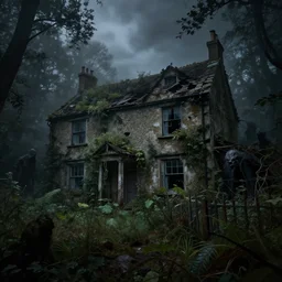 photorealistic, ruined english bungalow, overgrown vegetation, in the forest, apocalypse, night, fog, shadowy creatures lurking in foliage, cthulhu, hellscape, hyperrealistic, grimdark, artstation