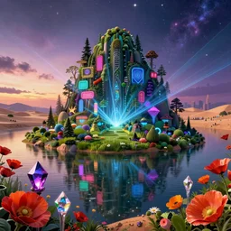 reclaimed by nature by moshe safdie, otherworldly nature tron at dawn uv light laser anime vaporwave retrowave forest neon signs lightpaint fisheye biopunk meadow architecture island lake at dusk darkacademia gem crystal vice city desert scumm bar cosmic poppy, archdaily, wallpaper, highly detailed, trending on artstation.
