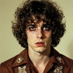 a beautiful but sinister young man in layers of fear, with haunted eyes and curly hair, 1 9 7 0 s, seventies, delicate embellishments, a little blood, painterly, offset printing technique, mary jane ansell