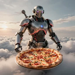 portrait of epic anthropomorphic pizza cyborg neon armor, in clouds, cinematic studio light, windy, sunrise, by gerald brom, by mikhail vrubel, by peter elson, muted colors, extreme detail, trending on artstation
