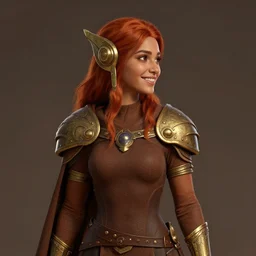 sideview of a dnd young priestess, earth attuned, brown robes, skintight, beautiful, light brown skin, red hair, happy, metallic brass accessories, spellcasting, high fantasy, detailed face, highly detailed, sharp focus, smooth, digital illustration, by clyde caldwell