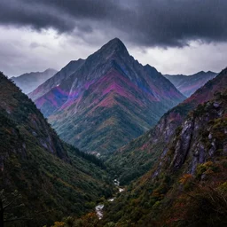 landscape photography by david noton psychedelic, tall mountains, dramatic lighting, raining, colourful, stunning