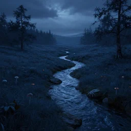 A mysterious brook winds through an ominous midnight-blue meadow landscape, overcast evening skies, cinematic, 3D rendered by Substance Designer, in the style of Ernst Haeckel, Alena Aenami, Anna Dittmann, Andreas Rocha, Asher Brown Durand, Atey Ghailan, Brian Froud