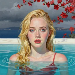 professional painting of Elle Fanning in the pool in Santorini in the style of Dino Valls and George Luks, red cherry blossoms, head and shoulders portrait, symmetrical facial features, smooth, sharp focus, illustration, intricate, stormy weather, extremely detailed masterpiece,