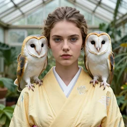 amazing head to shoulder portrait photograph of an elegant top model wearing a yellow kimono with a very detailed barn owl on her shoulder!!! in a tropical greenhouse. looking at the camera!!. super resolution. Extremely detailed. art by Rineke Dijkstra.