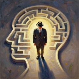 A suited man in a hat, standing in the middle of a maze shaped like the outline of a head, overhead shot, wide shot, painting, stylistic, art by Norman Rockwell