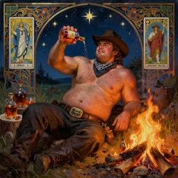 a dramatic, epic, ethereal painting of a !!!handsome!!! thicc !!chunky!! beefy mischievous shirtless rugged man with a big beer belly wearing a large belt and bandana offering a whiskey bottle | he is a cowboy relaxing by a campfire | background is a late night with food and jugs of whisky | homoerotic | stars, tarot card, art deco, art nouveau, mosaic, intricate | by Mark Maggiori (((and Alphonse Mucha))) | trending on artstation