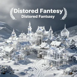 Distorted Fantasy town covered in clear translucent snow