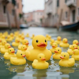 high quality presentation photo of rubber ducks taking over Venice, photography 4k, f1.8 anamorphic, bokeh, 4k, Canon, Nikon