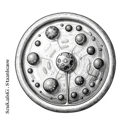 a biology text book illustration of a cell by szukalski, stanisław, black and white painting
