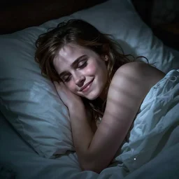emma watson waiting for you in bed at night while smiling shyly, messy hair bedhead, very sleepy and shy, bare shoulders, comforting, covered in little white blanket, dim cool lighting