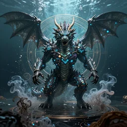 a centered render of an ancient futuristic dragon with digital modifications surrounded by a underwater ink pour and flowing liquid gallium and complex sacred geometry, aggressive stance, powerful, cinematic, beautifully lit, by beeple, by artgerm, by karol bak, 3 d, trending on artstation, octane render, 8 k