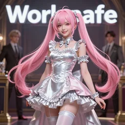 worksafe. insanely detailed. by wlop, ilya kuvshinov, krenz cushart, greg rutkowski, pixiv. zbrush sculpt, octane, maya, houdini, vfx. pink, silver, gorgeous young cg gentle cunning girlish feminine sissy boy with long hair, twintails hairstyle, wearing thighhighs, frills, silk dress, friendly smiling, in luxury advertisement. cinematic dramatic atmosphere, sharp focus, volumetric lighting