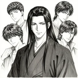 portrait of anime man with long dark hair wearing a dark robe, pen and ink, intricate line drawings, by craig mullins, ruan jia, kentaro miura, greg rutkowski, loundraw
