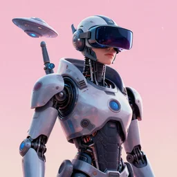 cyberpunk concept cool warrior bot, cinema 4 d, galaxy, ufo, space sci - fi, wearing vr goggles, illustration, portrait, pastel neon textured background night, trending on artstation, greg rutkowski, octane rendered, 1 2 k, detailed,