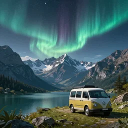 An epic fantasy style landscape painting of a Mountainrange and a lake, with a starry sky and aurora and a Volkswagen Caddy Campervan, unreal 5, DAZ, hyperrealistic, octane render, dynamic lighting