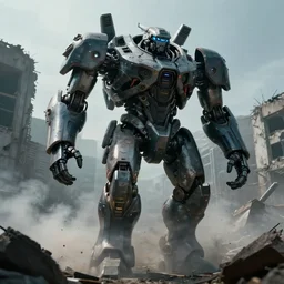 vfx film closeup, futuristic giant powerful sci - fi mech walking out of smoke and debris in war zone, crumbling buildings, flat color profile low - key lighting award winning photography arri alexa cinematography, hyper real photorealistic cinematic, atmospheric cool colorgrade