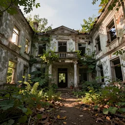ruined, abandoned polish mansion, seen from inside and overgrown by plants. Low camera angle. 40 mm lens. First light of day falls through the broken windows. Dirt, leaves on ground. Warm colors. Octane render. Substance painter. Zbrush. Trending on artstation. 8K. Highly detailed.