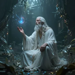 The Sapiential sage dreaming with magical reflections of knowledge lost in time ultra high quality surrealism cyberpunk 2077