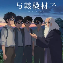 four shy male friends with their faces hidden by hair standing next to each other and to reverend bayes, they all wear thick glasses and want to learn statistics from the minister thomas bayes who is showing them the way, twilight, dusk, poster art by makoto shinkai, featured on pixiv, environmental art, official art, anime, movie poster