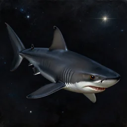a black shark in space with the eyes glowing in gold and red, ultrarealistic painting by botticelli