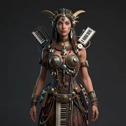 a centered render of an alluring mystical tribal goddess adorned with cables and synthesizer parts, full body, gorgeous face, perfect face, powerful, cinematic, beautifully lit, by viktoria gavrilenko, 3 d, trending on artstation, octane render, 8 k