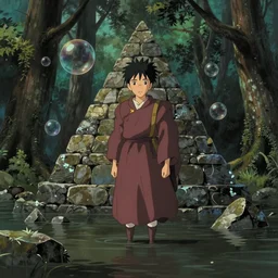 pov hyperrealist, dull colors, interior shot from howls moving castle 2 0 0 4 of a gret monk standing in a flooded woodland stonehenge pyramid. bubble.