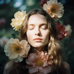 An analog head and shoulder frontal face photography of a Caucasian woman surrounded by big!!! flowers by Zhang Jingna. Long hair. closed eyes. Kodak Portra 800 film. Depth of field. whirl bokeh. Sunshine. detailed. hq. realistic. warm light. muted colors. Moody. Filmic. Dreamy. lens flare. Leica M9, f/1.2, symmetrical balance, in-frame