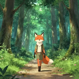 an anthropomorphic fox traveler walks along an endless path amongst a towering forest, anime key visual, lois van baarle, ilya kuvshinov, rossdraws, artstation, furaffinity