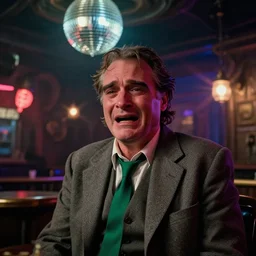the medium shot of crying old drunkard ( ( ( ( ( ( joaquin phoenix ) ) ) ) ) ) with sideburns worn in the old grey jacket with emerald tie on the scene in steampunk bar, movie with the cinematography of christopher doyle, neon lighting reflecting from a disco ball, anamorphic lens, optical flares, award - winning photo, masterpiece, 8 k