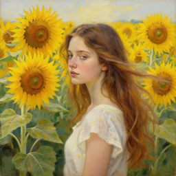 a girl in amazing tall sunflower field, her hair flowing down, subtle, intricate details, real masterpiece, oil on canvas, by leonardo da vinci, vitalik buterin