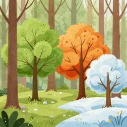 a forest with spring, summer, autumn and winter