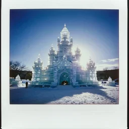 analog polaroid of an ice castle, lit from behind, snow, bright reflections, lens flare