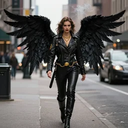 black angel, leather jacket, gorgeous, gold chain, black wings, on the streets of new york, rich details, smoke, marginal light, full body steampunk, sophisticated photography