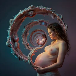 a photorealistic woman giving birth to an endless spiral, surreal, weird, over the top, photography, colored lighting, dramatic lighting