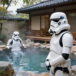 hyperrealism composition of the japanese house with a hot springs in the garden, two detailed stormtroopers bathe in a hot spring, pop - art style, jacky tsai style, andy warhol style, roy lichtenstein style, acrylic on canvas