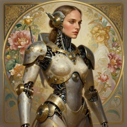 portrait of nathalie portman, robot steampunk, floral! horizon zero dawn machine, intricate, elegant, highly detailed, ray tracing, digital painting, artstation, concept art, smooth, sharp focus, illustration, art by artgerm and greg rutkowski and alphonse mucha, 8 k