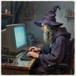 matte oil painting, wizard sitting at a gaming pc, as a dnd character, typing on a keyboard, thick monitor, 9 0 s crt, inside a cluttered lab, wrinkled wizard hat, extremely detailed, digital illustration, concept art, readability, smooth, sharp focus, art by brothers hildebrandt, art by alex grey