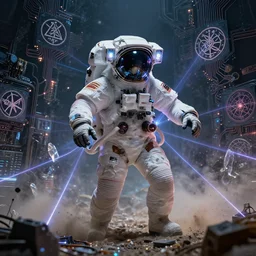 astronaut performing satanic ritual, technology and magick, circuitry and sigils combined, photorealistic, technical, royo, frazetta, leds, dust, laser light, crystalline shimmers, chaos, complexity, emergence,