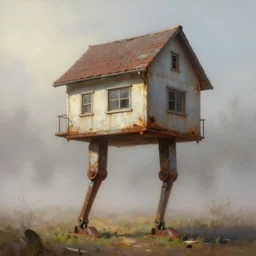 a house with two mechanical legs looking like a human, rust, hyperrealistic, highly detailed, cinematic, single ray of sun, fog, beautiful, cgssociety, artstation, 8 k, oil painting